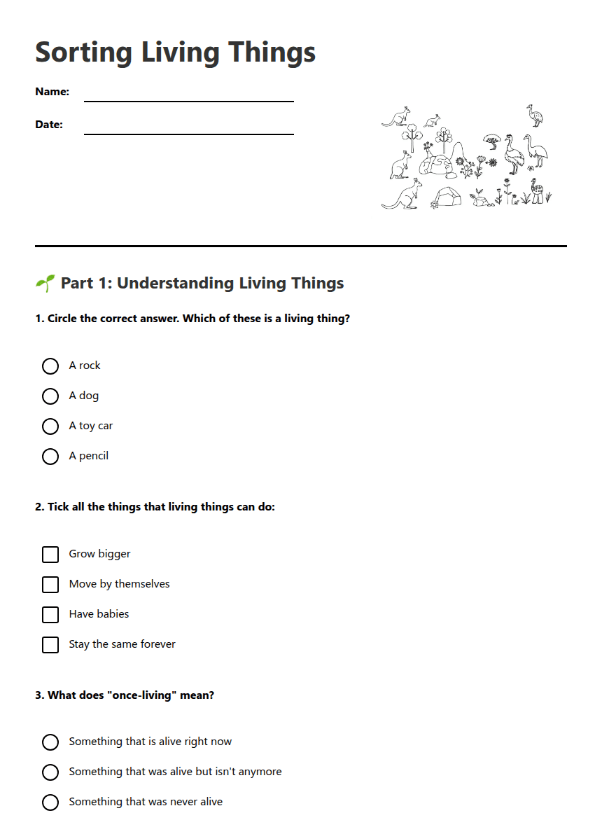 Sorting Living Things worksheet preview