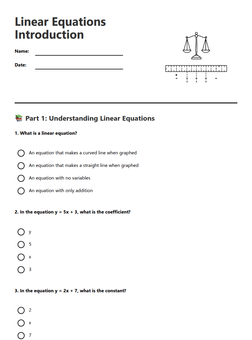 Linear Equations Introduction worksheet preview