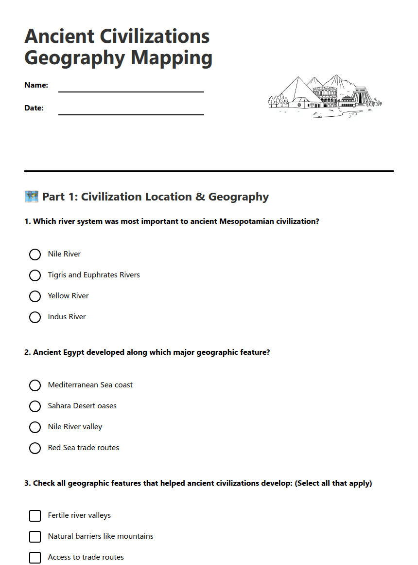 Ancient Civilizations Geography Mapping worksheet preview