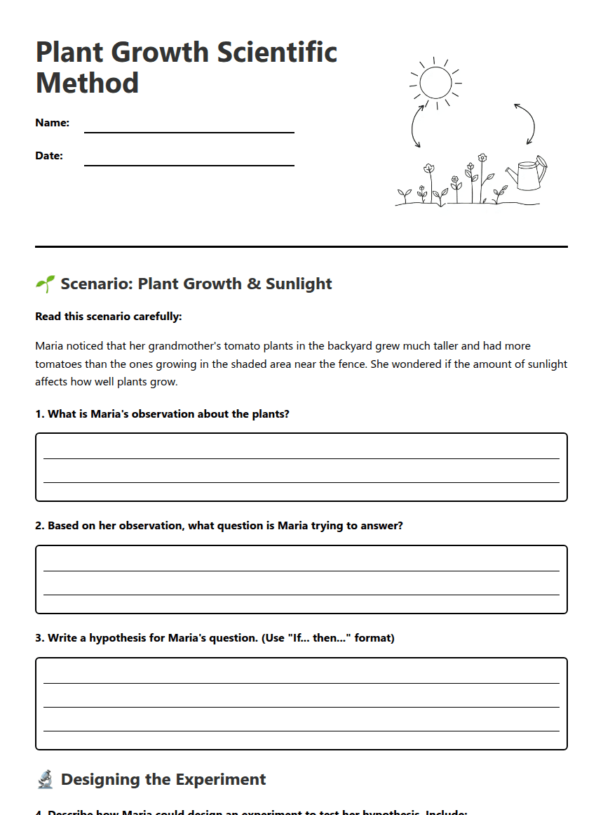 Plant Growth Scientific Method worksheet preview
