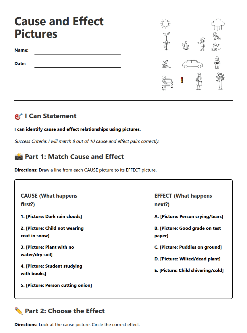 Cause and Effect Pictures worksheet preview