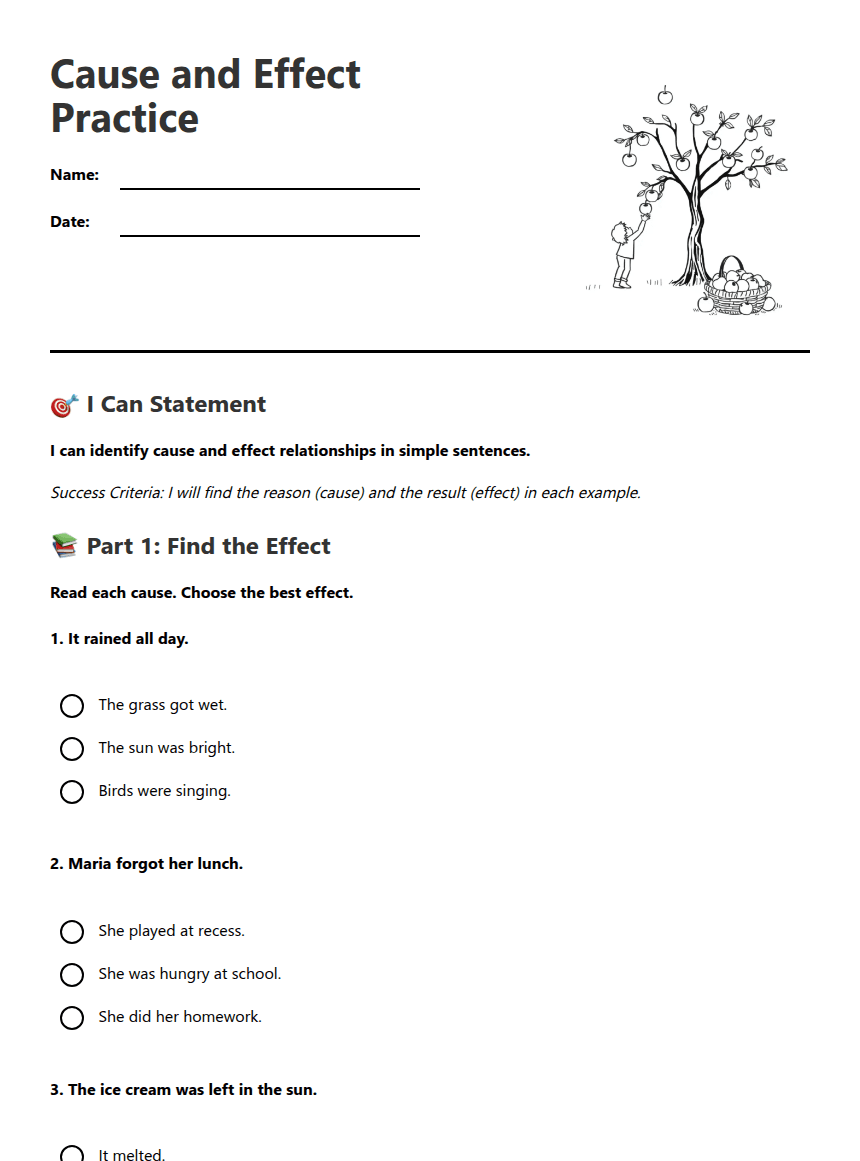 Cause and Effect Practice worksheet preview