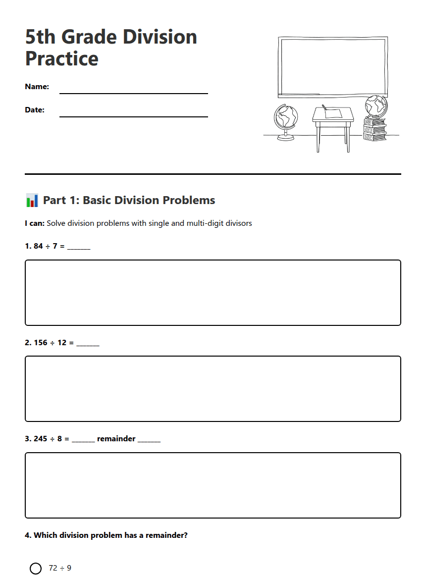 5th Grade Division Practice worksheet preview