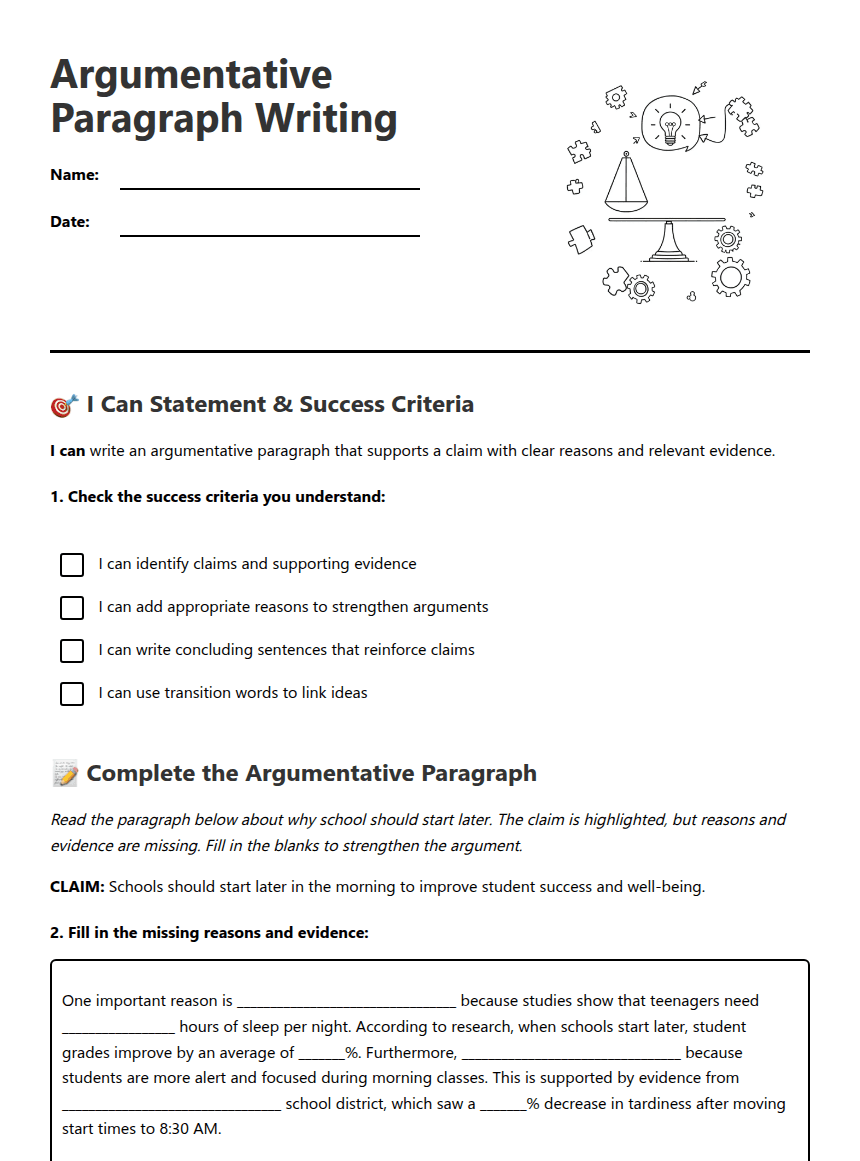 Argumentative Paragraph Writing worksheet preview