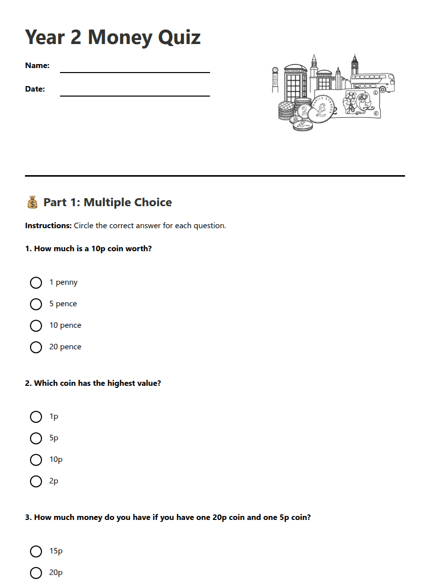 Year 2 Money Quiz worksheet preview