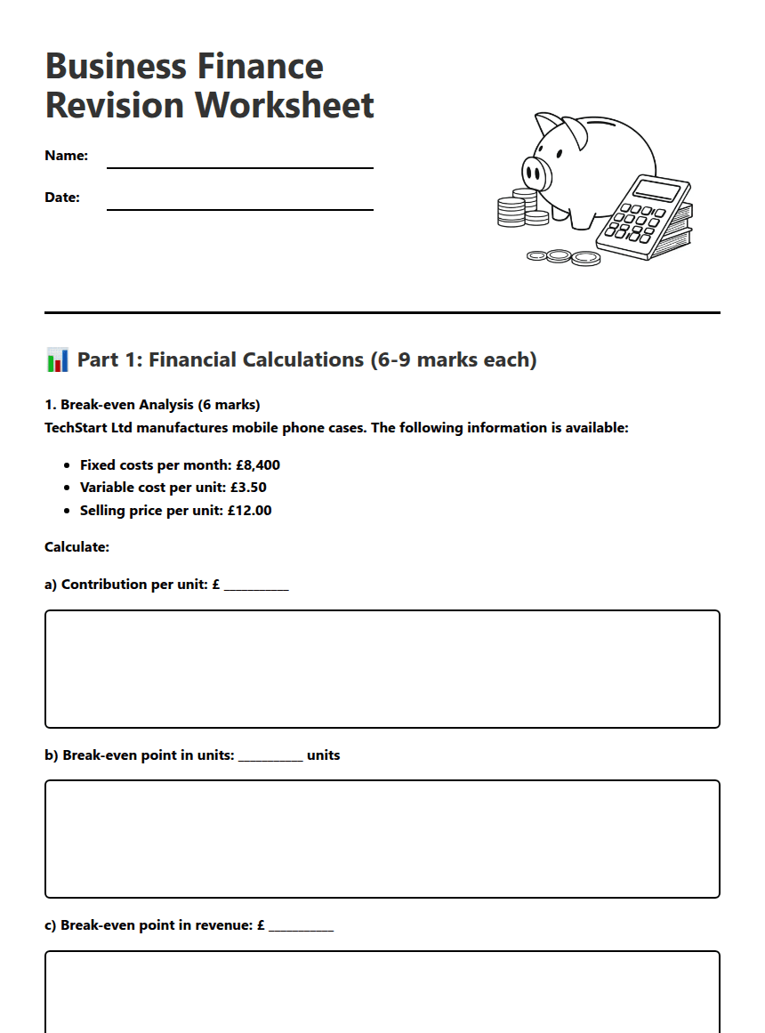 Business Finance Revision Worksheet worksheet preview