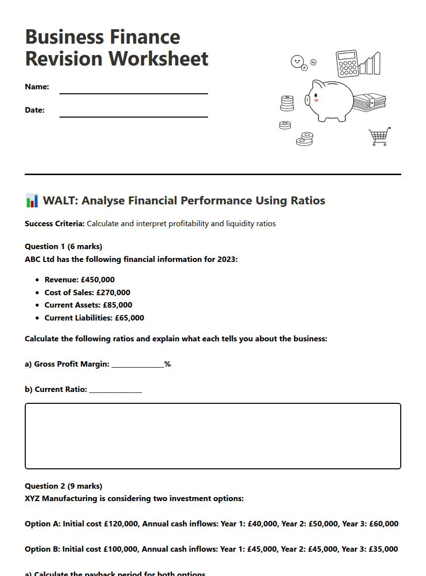 Business Finance Revision Worksheet worksheet preview