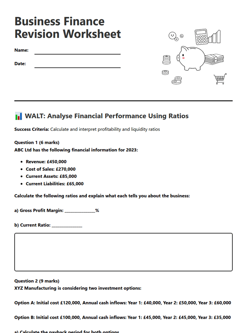 Business Finance Revision Worksheet