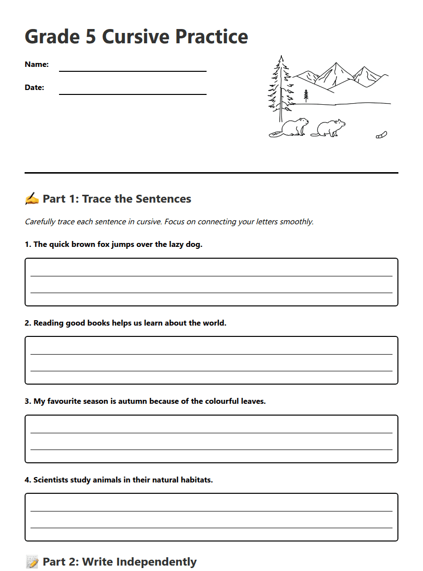 Grade 5 Cursive Practice worksheet preview