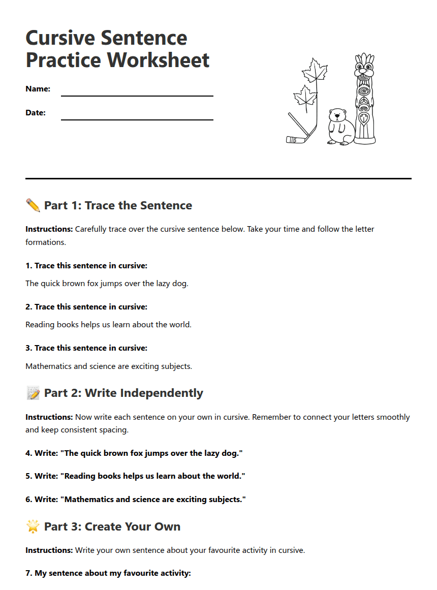 Cursive Sentence Practice Worksheet worksheet preview