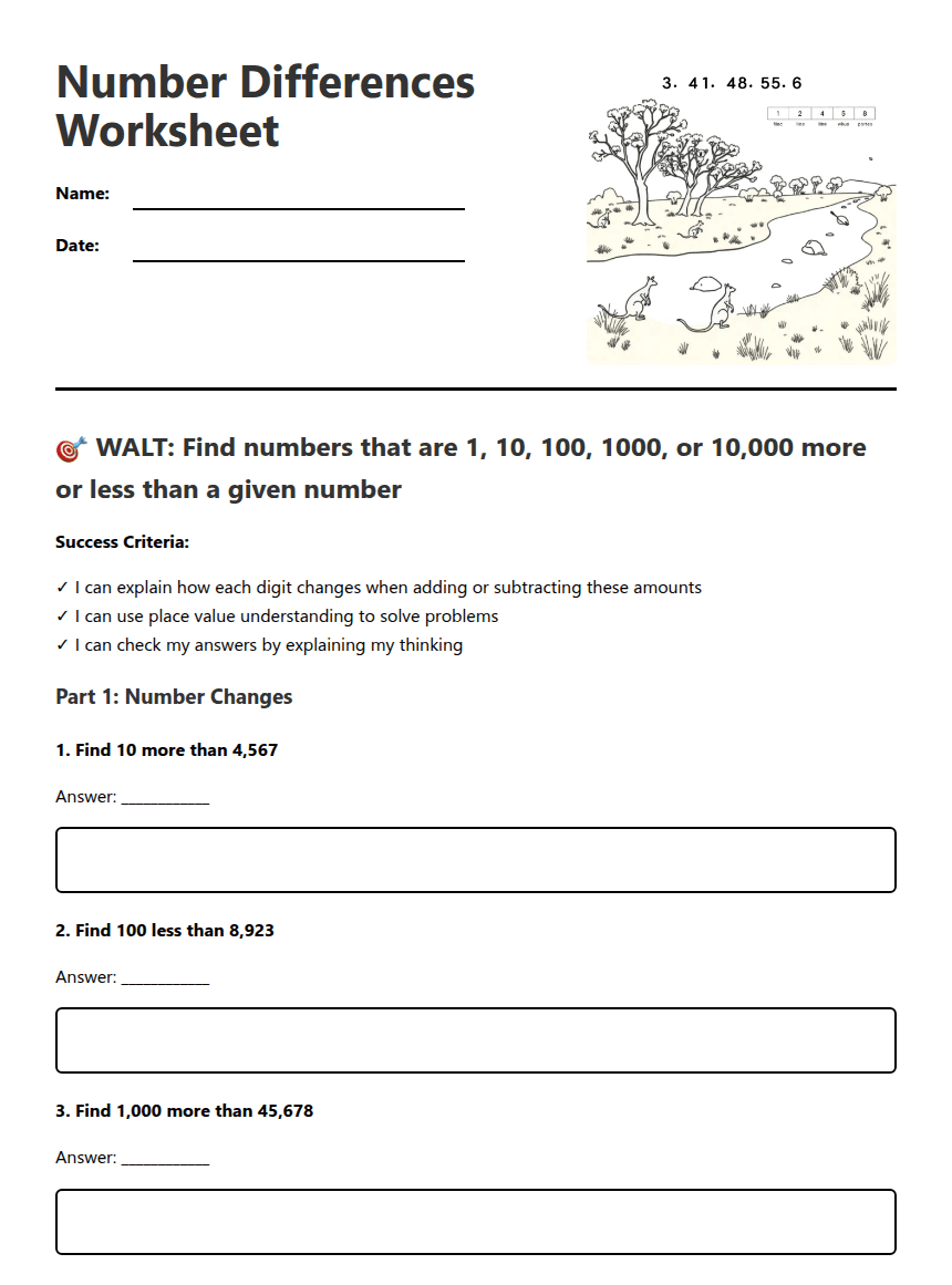Number Differences Worksheet worksheet preview