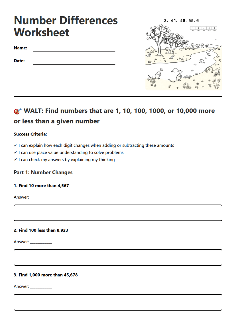 Number Differences Worksheet