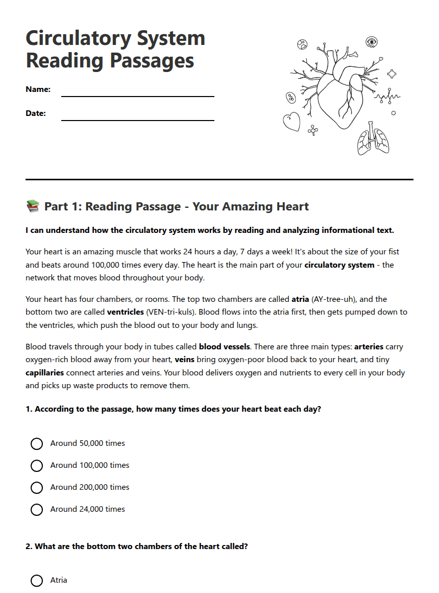 Circulatory System Reading Passages worksheet preview