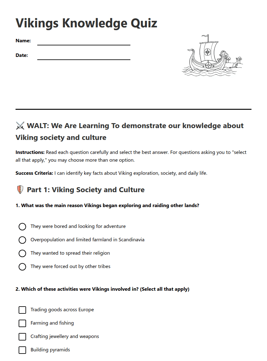 Vikings Knowledge Quiz worksheet preview