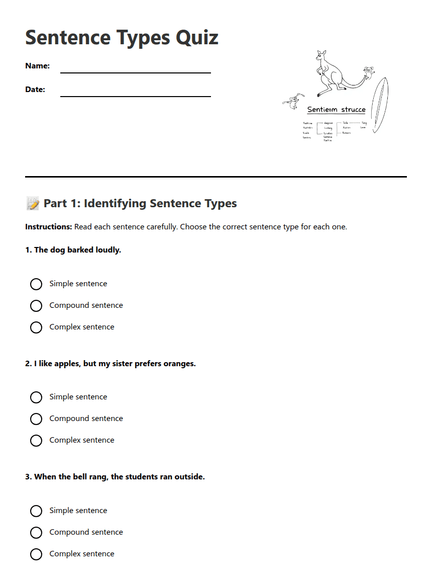 Sentence Types Quiz worksheet preview