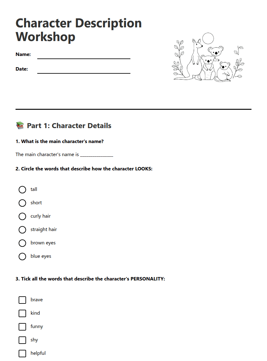 Character Description Workshop worksheet preview