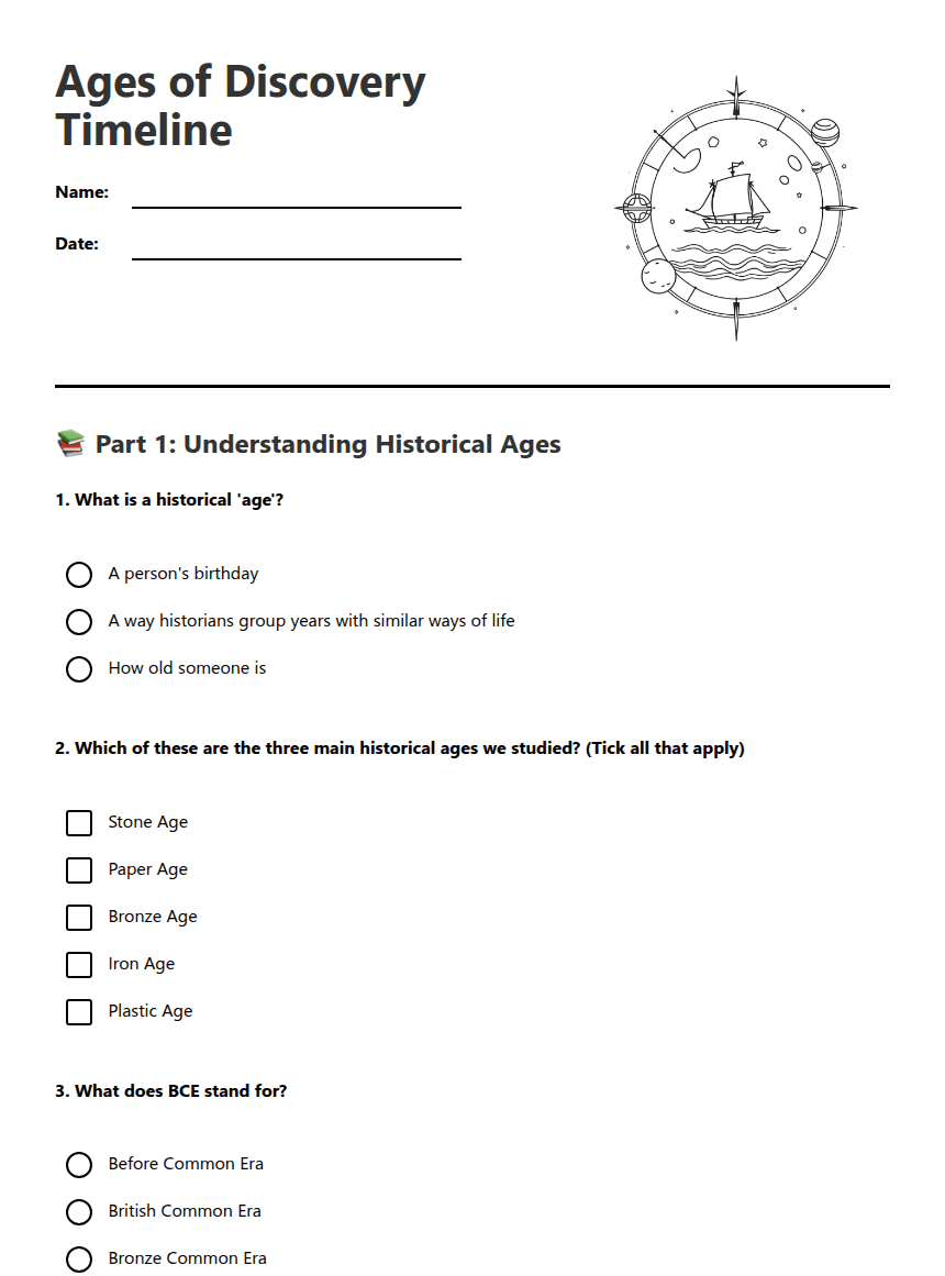 Ages of Discovery Timeline worksheet preview