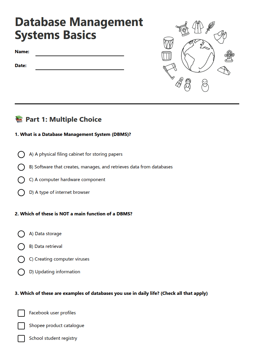 Database Management Systems Basics worksheet preview