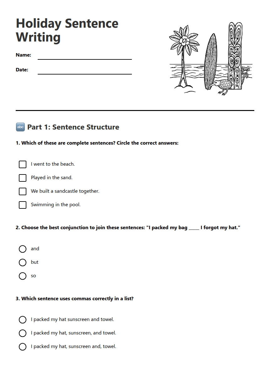 Holiday Sentence Writing worksheet preview