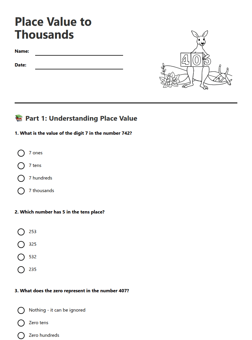 Place Value to Thousands worksheet preview