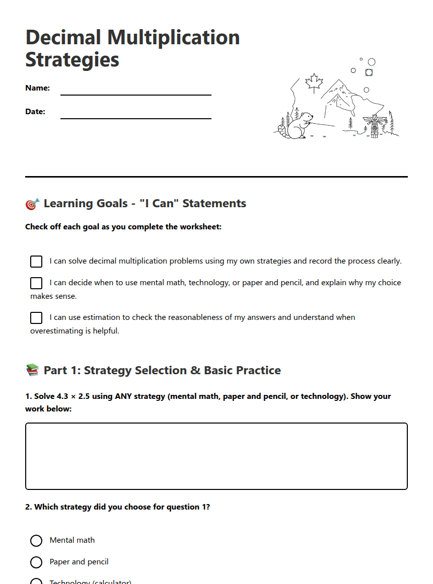 Decimal Multiplication Strategies worksheet preview