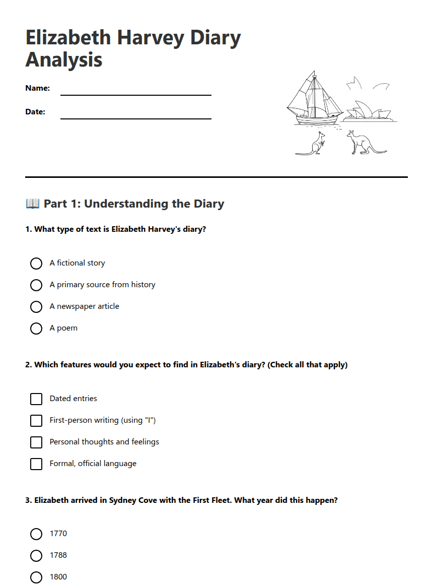 Elizabeth Harvey Diary Analysis worksheet preview