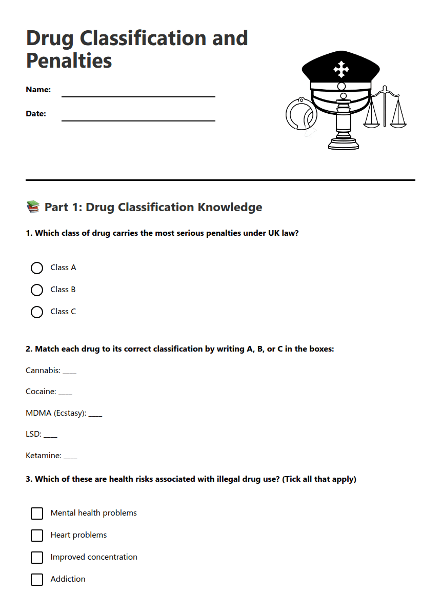 Drug Classification and Penalties worksheet preview