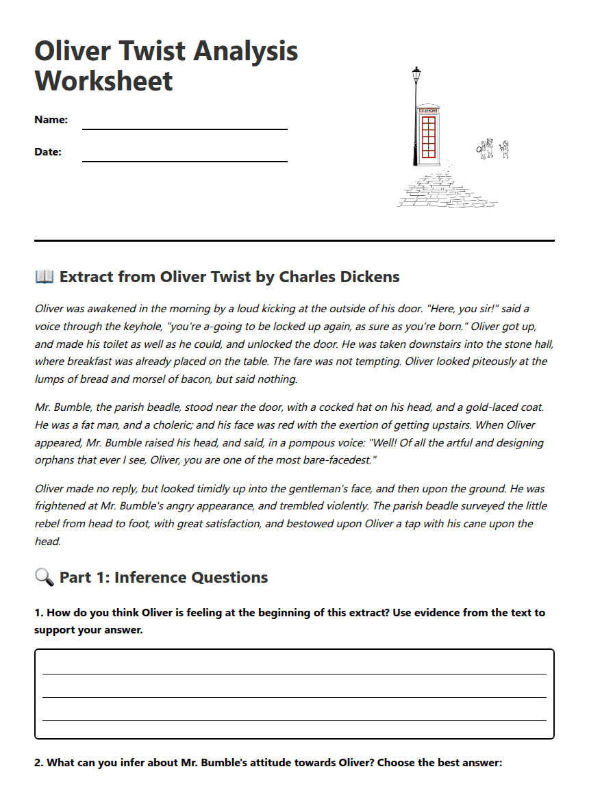Oliver Twist Analysis Worksheet worksheet preview