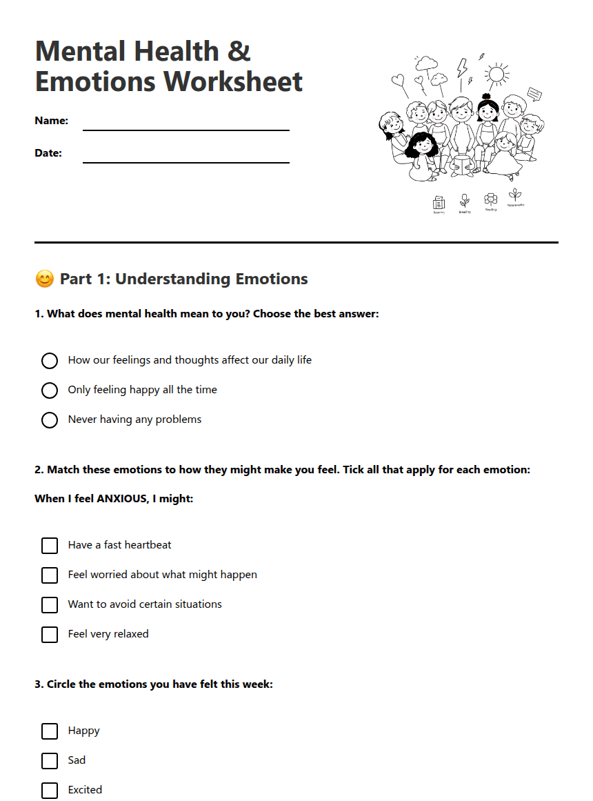 Mental Health Emotions Worksheet worksheet preview