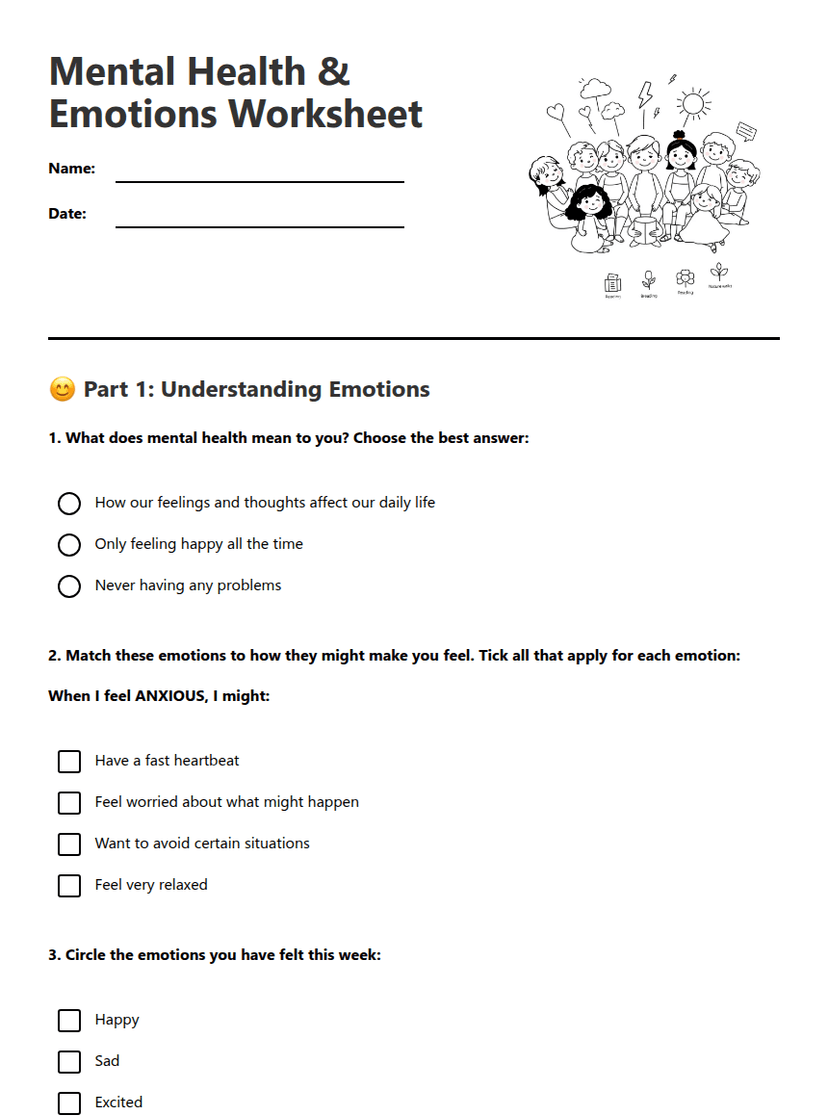 Mental Health Emotions Worksheet