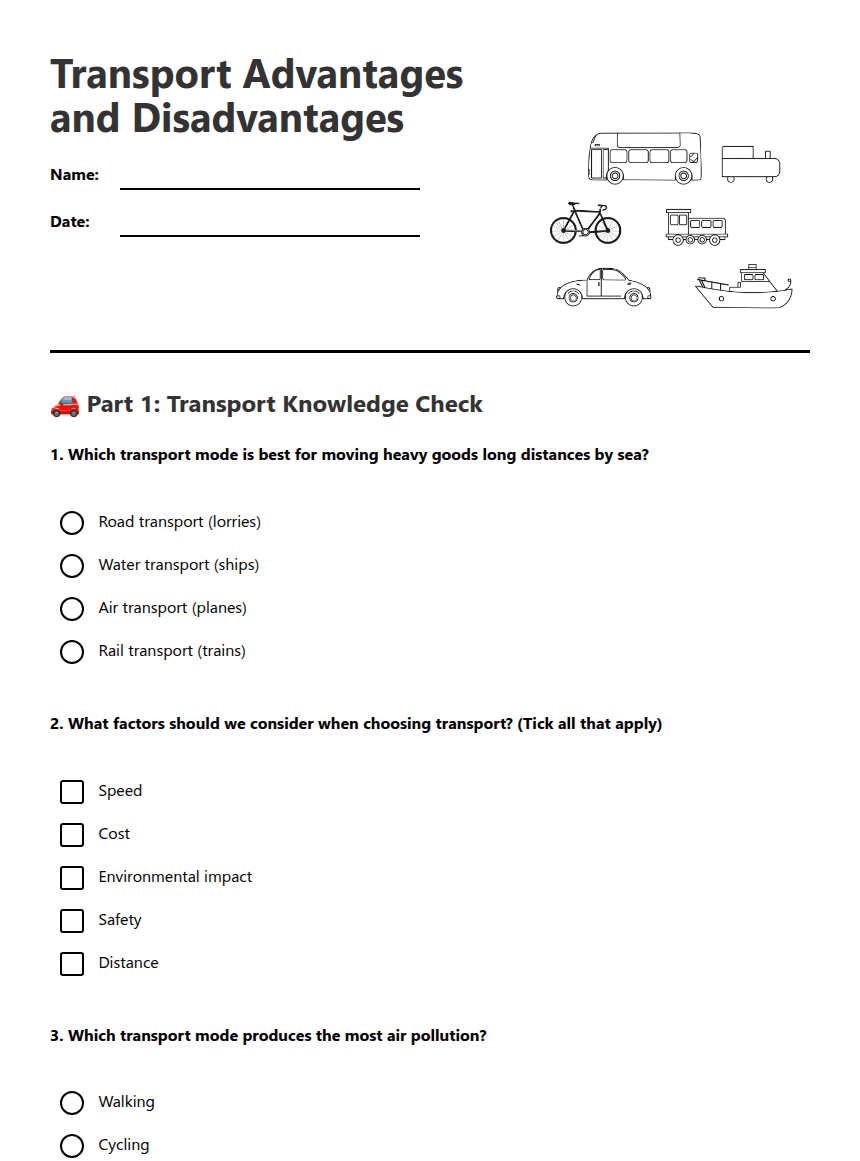 Transport Advantages and Disadvantages worksheet preview