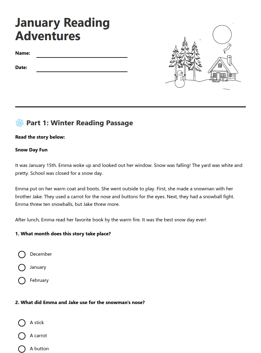 January Reading Adventures worksheet preview