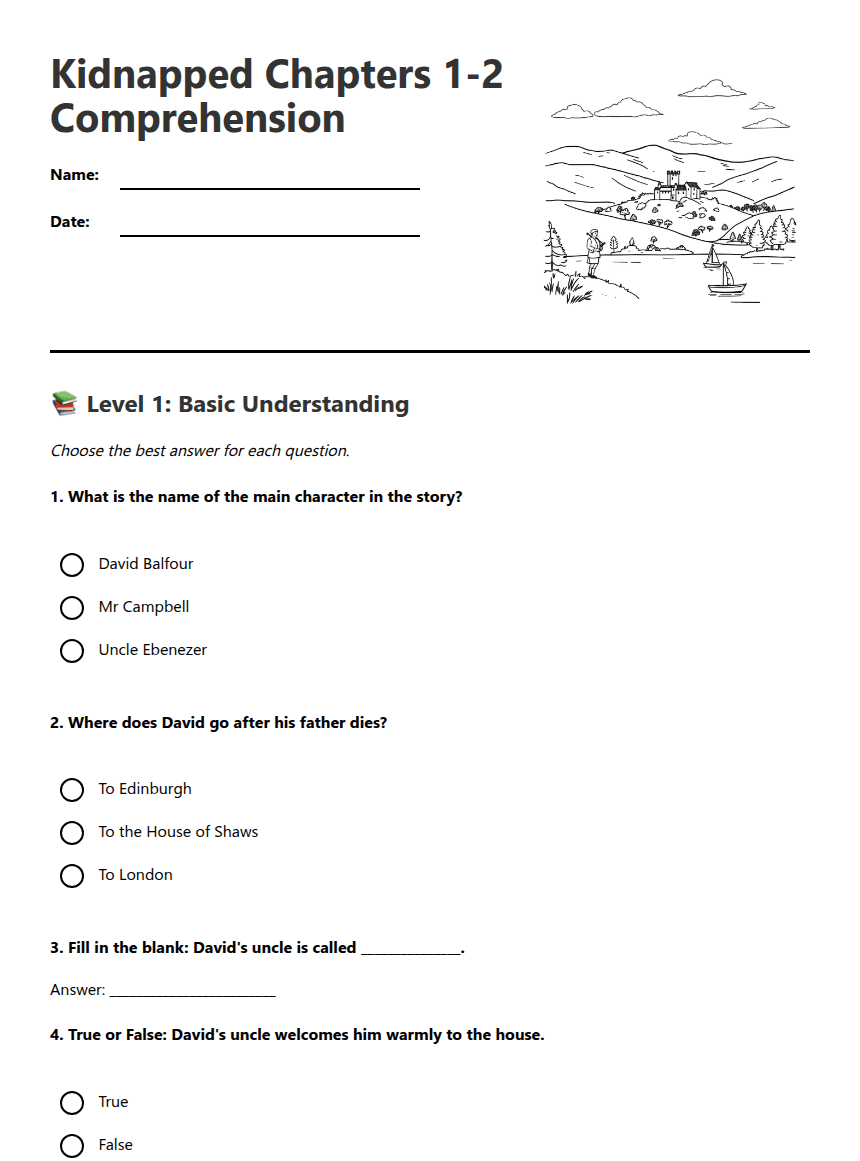 Kidnapped Chapters 1-2 Comprehension worksheet preview