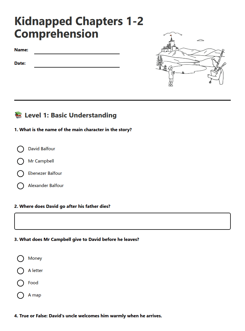 Kidnapped Chapters 1-2 Comprehension worksheet preview