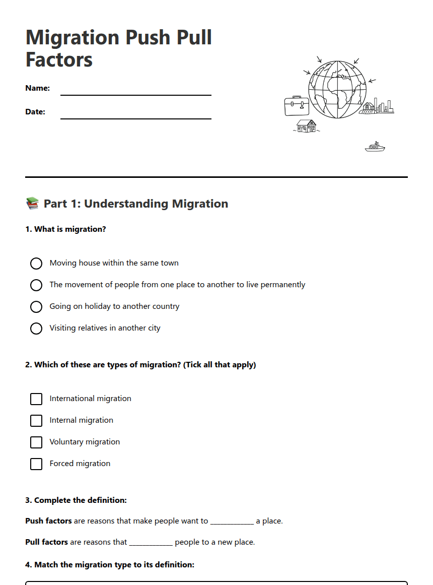 Migration Push Pull Factors worksheet preview