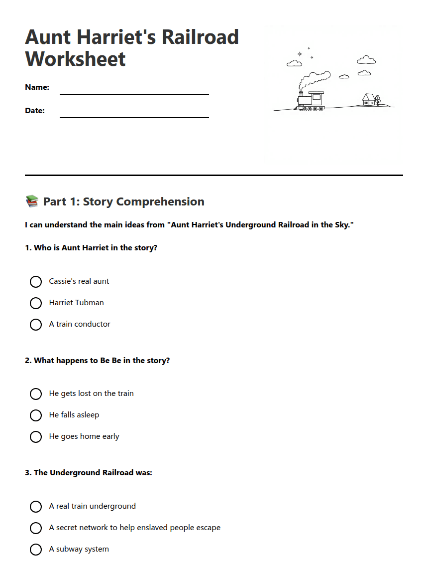 Aunt Harriet's Railroad Worksheet worksheet preview