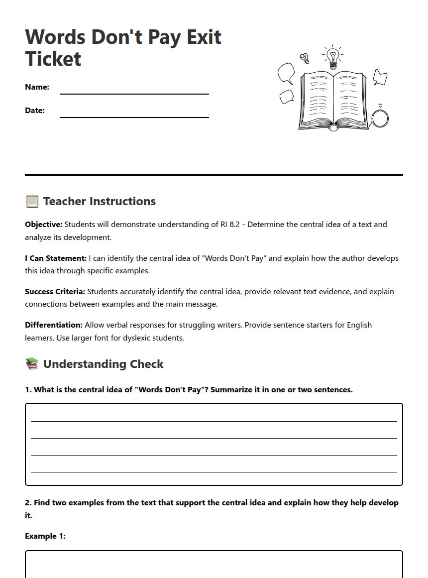 Words Don't Pay Exit worksheet preview