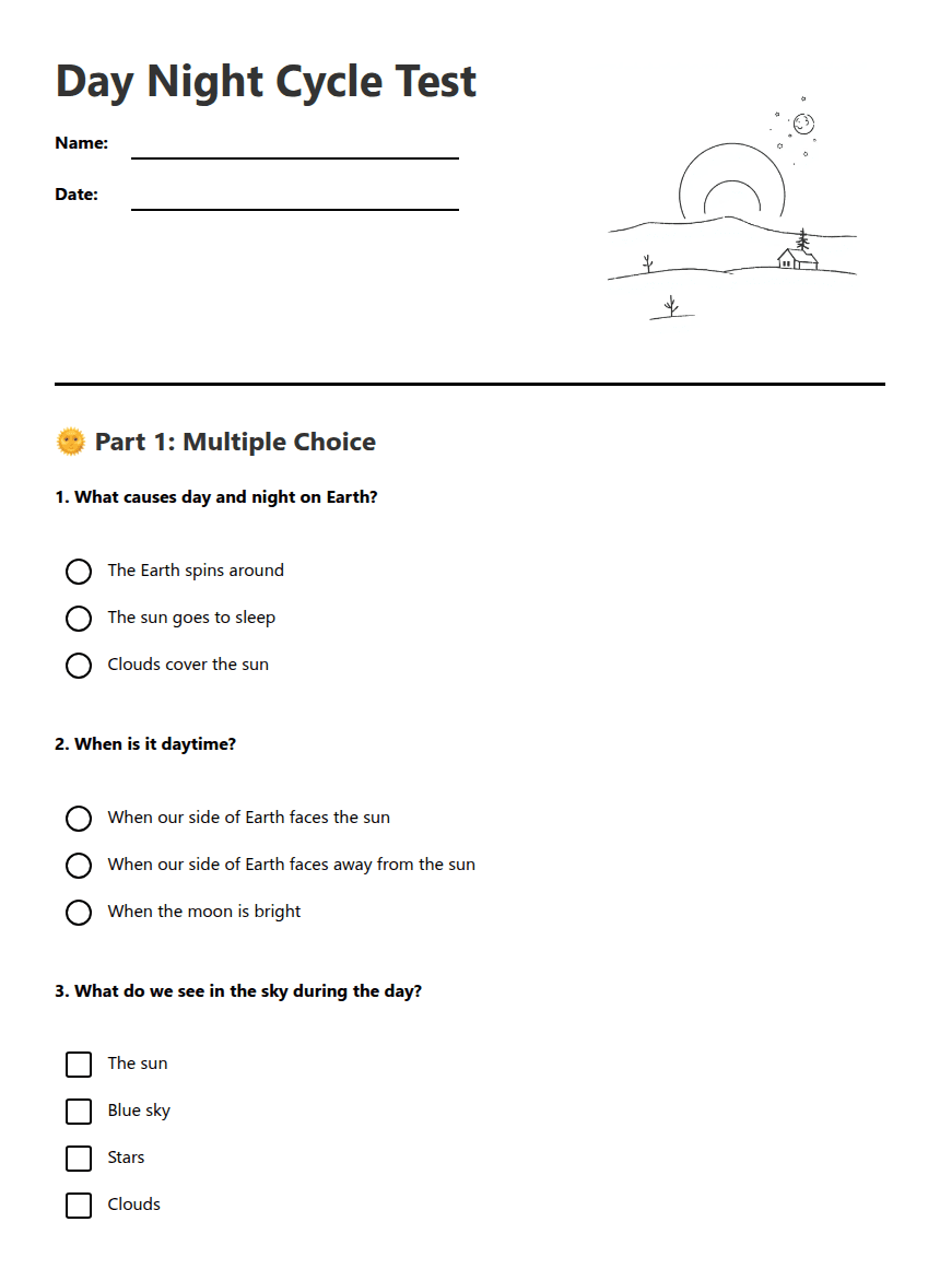 Day Night Cycle Test worksheet preview
