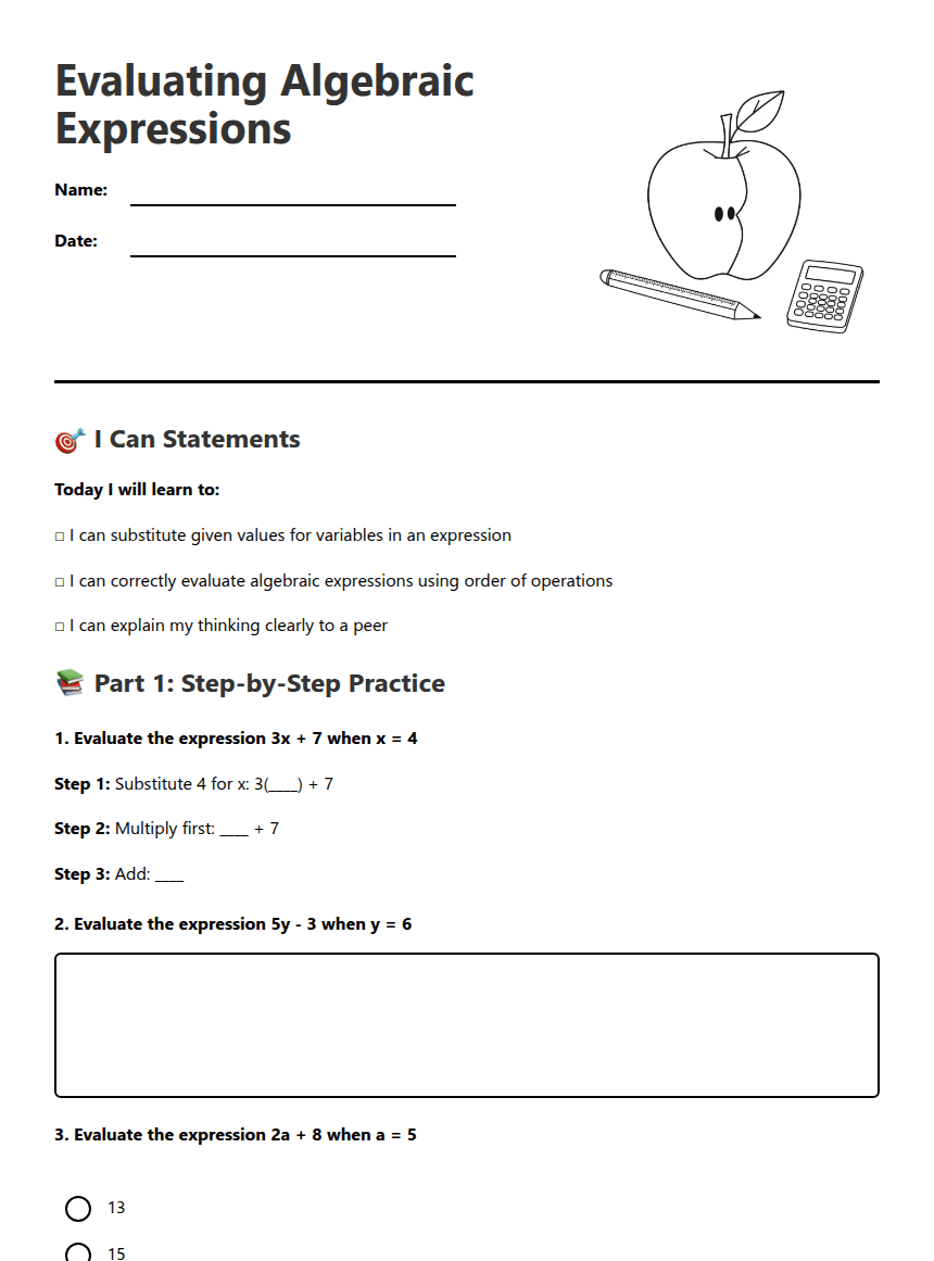Evaluating Algebraic Expressions worksheet preview
