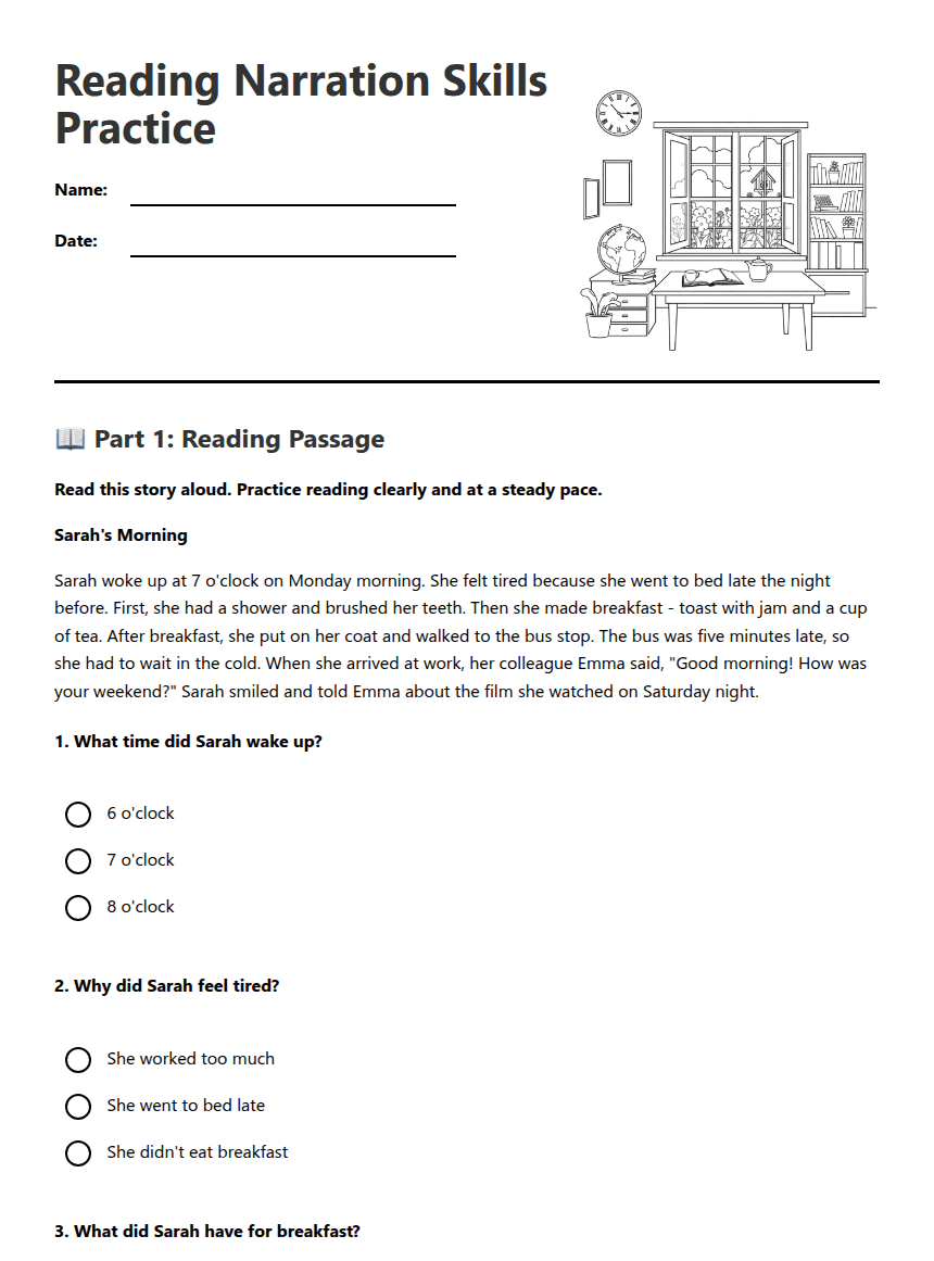 Reading Narration Skills Practice worksheet preview