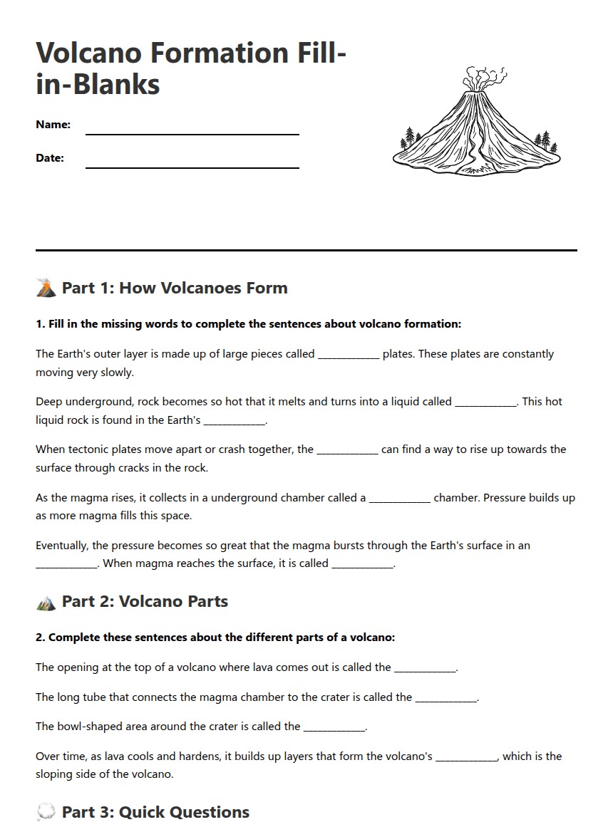 Volcano Formation Fill-in-Blanks worksheet preview