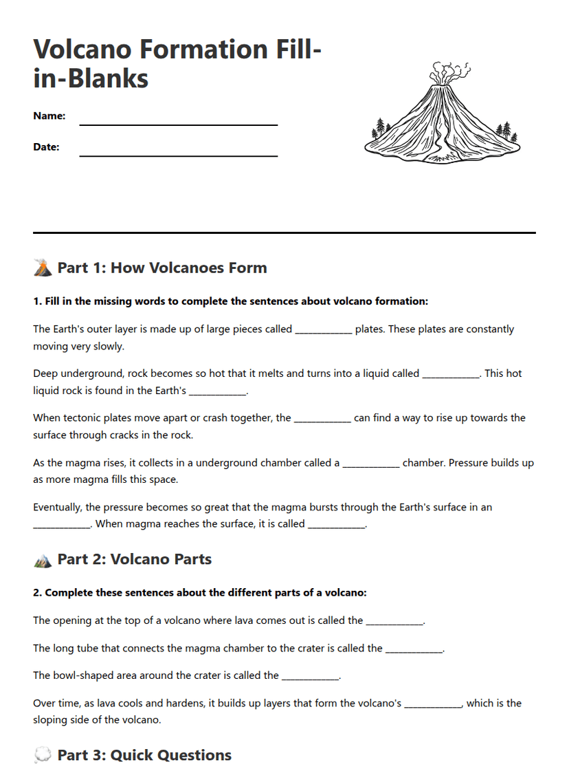 Volcano Formation Fill-in-Blanks