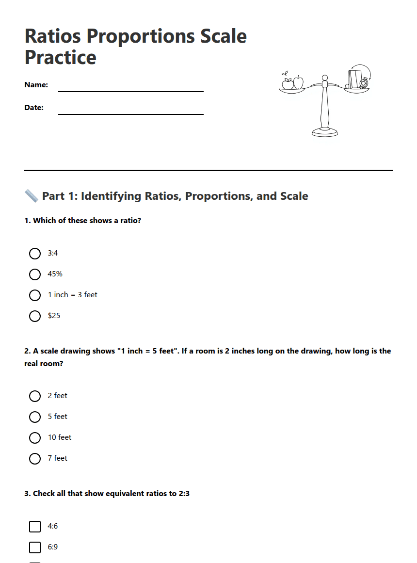 Ratios Proportions Scale Practice worksheet preview