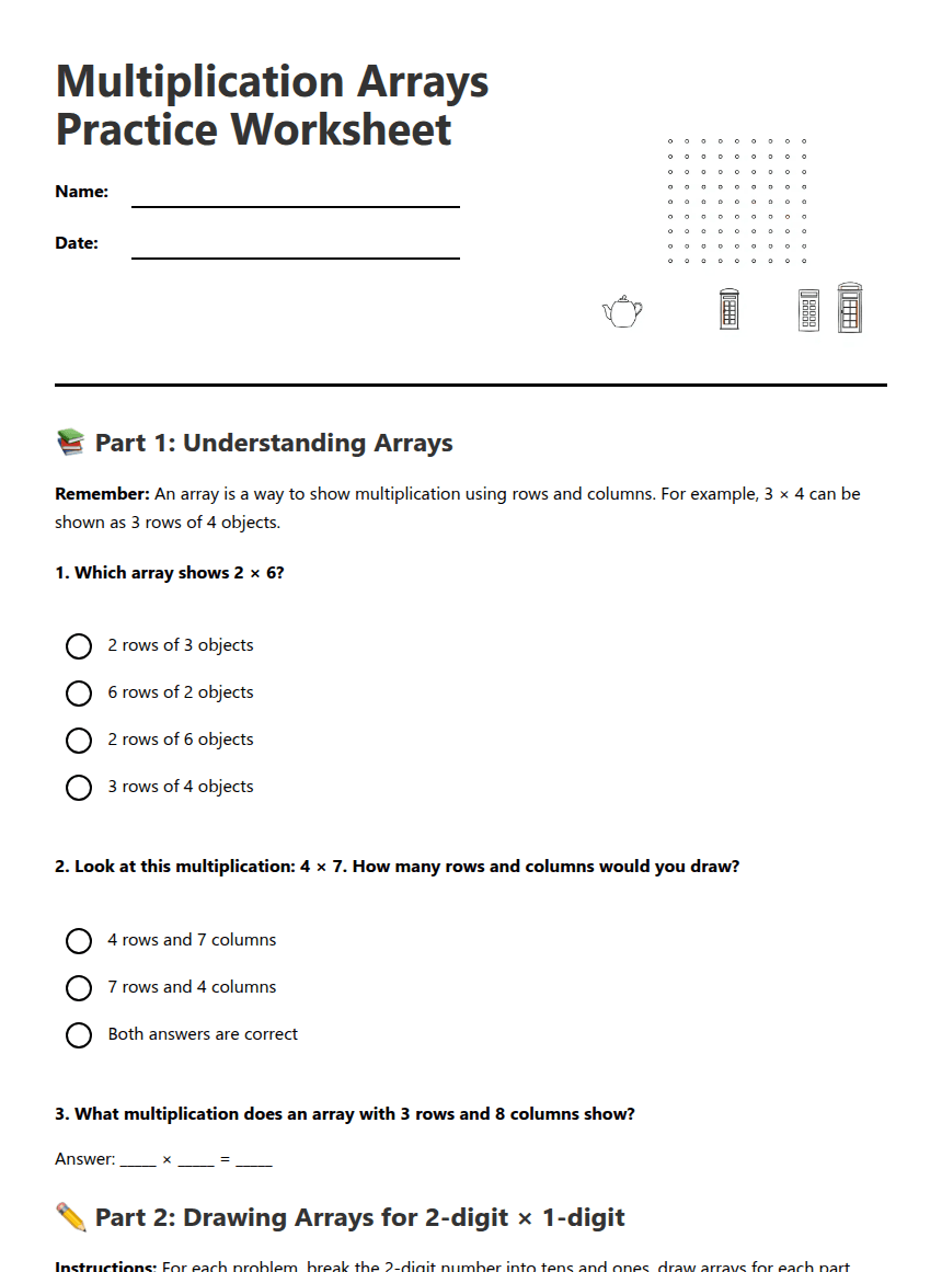 Multiplication Arrays Practice Worksheet worksheet preview