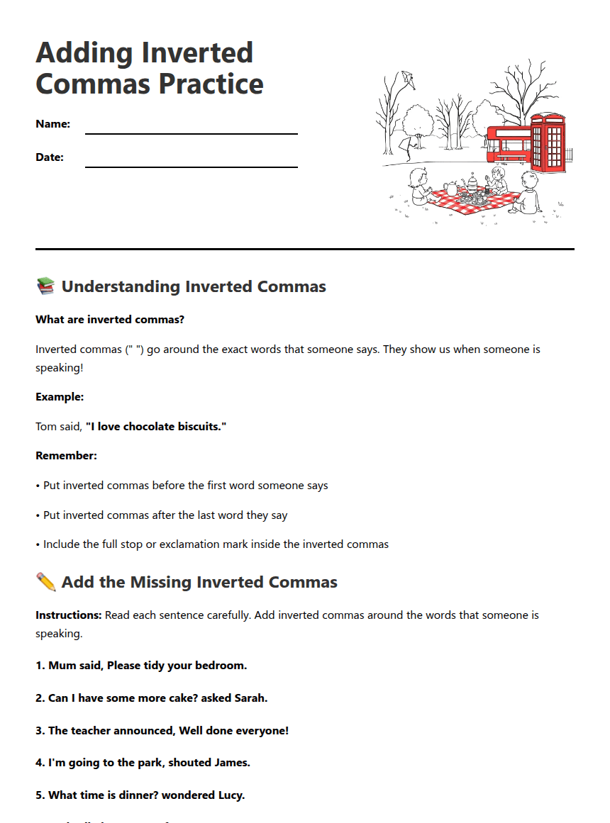 Adding Inverted Commas Practice worksheet preview
