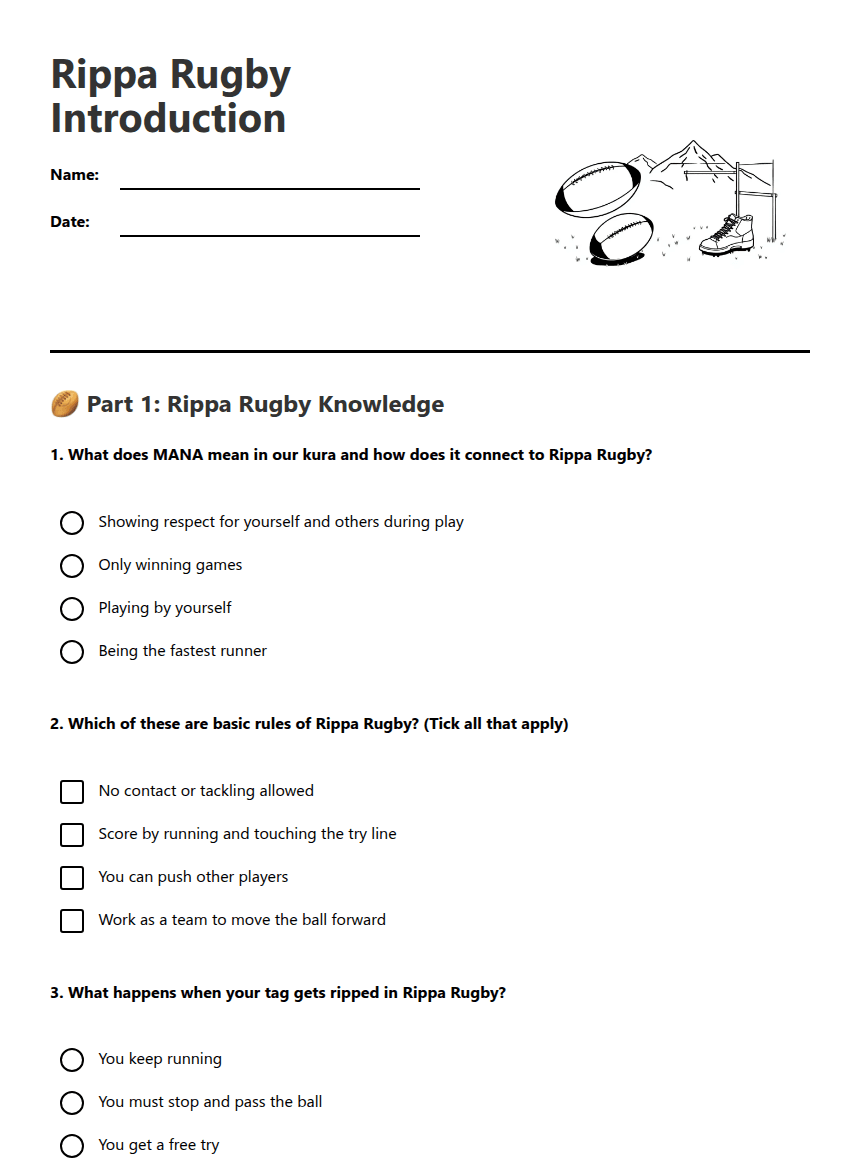 Rippa Rugby Introduction worksheet preview