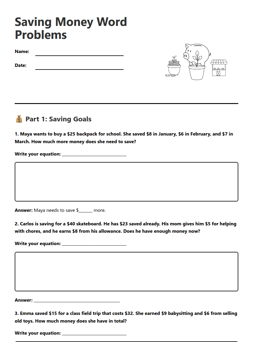 Saving Money Word Problems worksheet preview