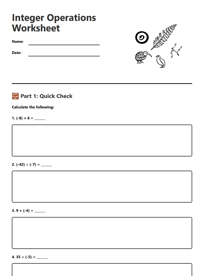 Integer Operations Worksheet worksheet preview