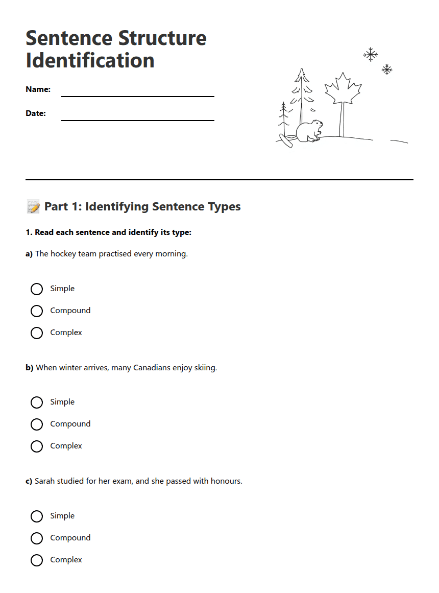Sentence Structure Identification worksheet preview