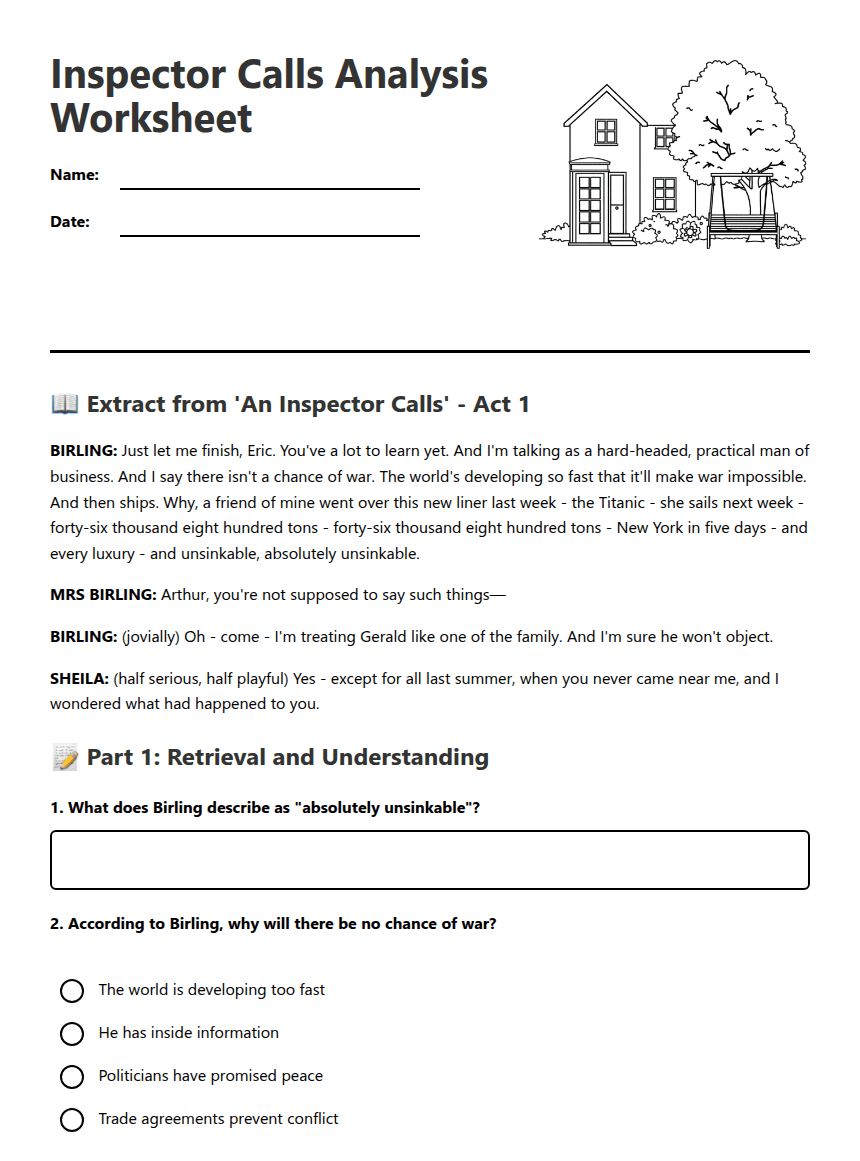 Inspector Calls Analysis Worksheet worksheet preview